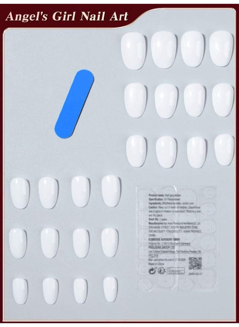 طقم أظافر ضغط قصيرة شكل بيضاوي 24 قطعة – لون بيج لامع مع فرنش أبيض + جيلي جل ومبرد - Image 3